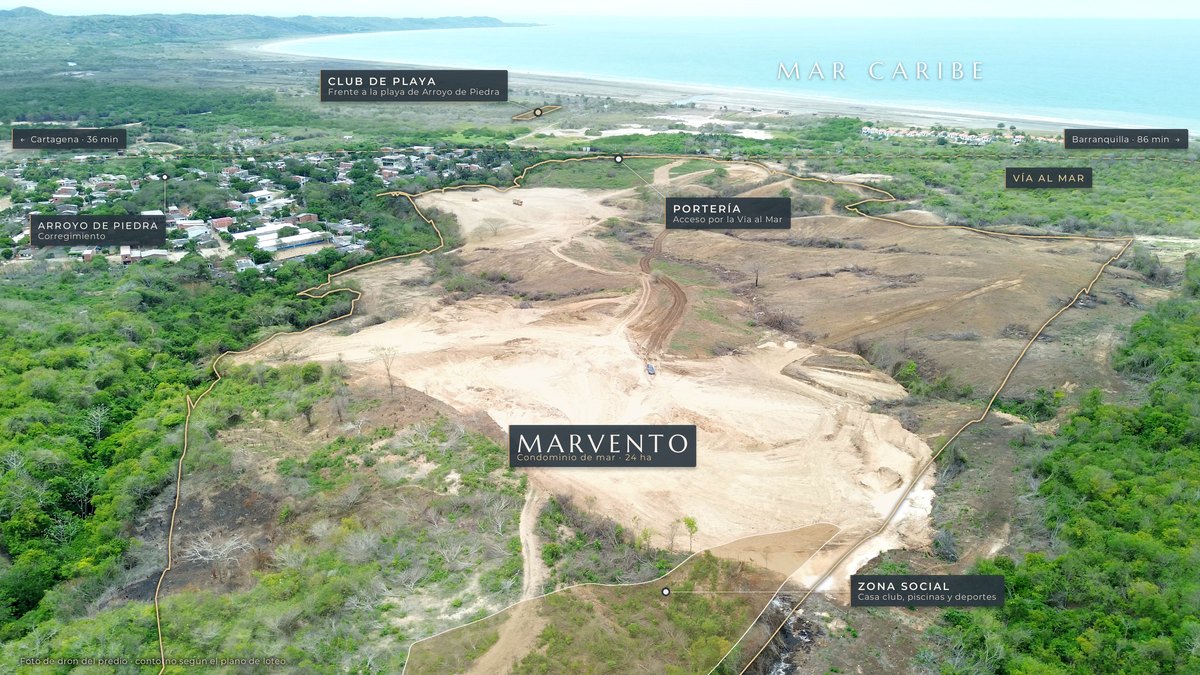 Foto de dron del predio de Marvento hacia el mar Caribe, con el contorno del predio, la zona social, la portería, el club de playa, la Vía al Mar y Arroyo de Piedra