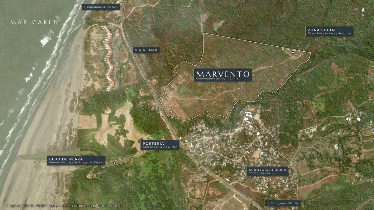 Imagen satelital del predio de Marvento entre la Vía al Mar y el cerro, con la zona social, la portería y el club de playa frente a la playa de Arroyo de Piedra