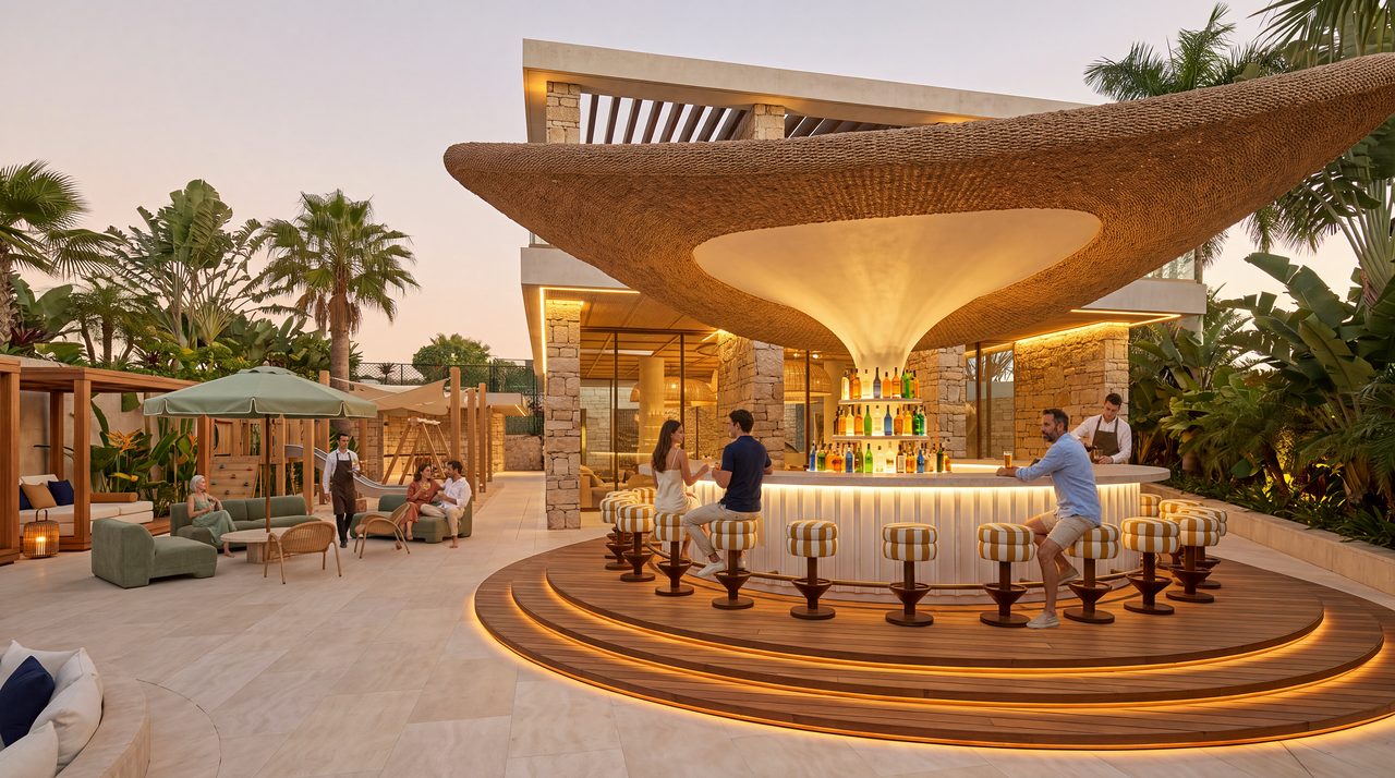El bar de cubierta tejida junto a la piscina, con la casa club de piedra detrás.