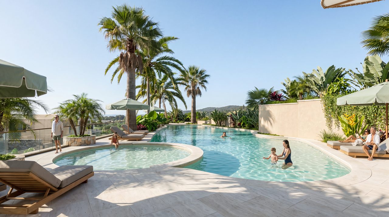 La piscina con borde infinito hacia el poniente, entre palmas.