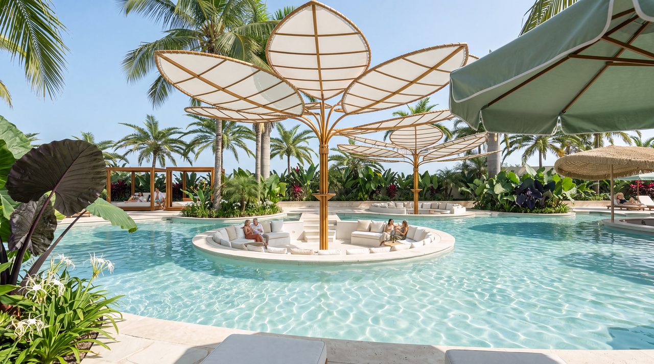 El soterrado: un lounge circular hundido en el agua, bajo una sombrilla en forma de árbol.